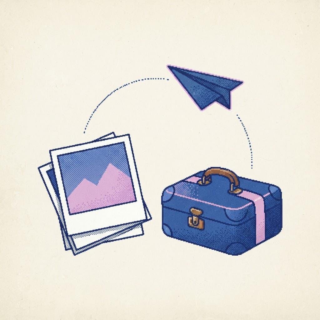 Retro illustration of a stack of instant photos and a suitcase